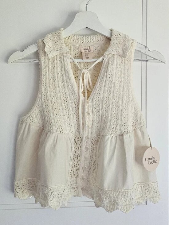 Camila Coelho Tops - NEW! Camila Coelho Ivory Cream Collar Crochet Sleeveless Button Tank Vest Top